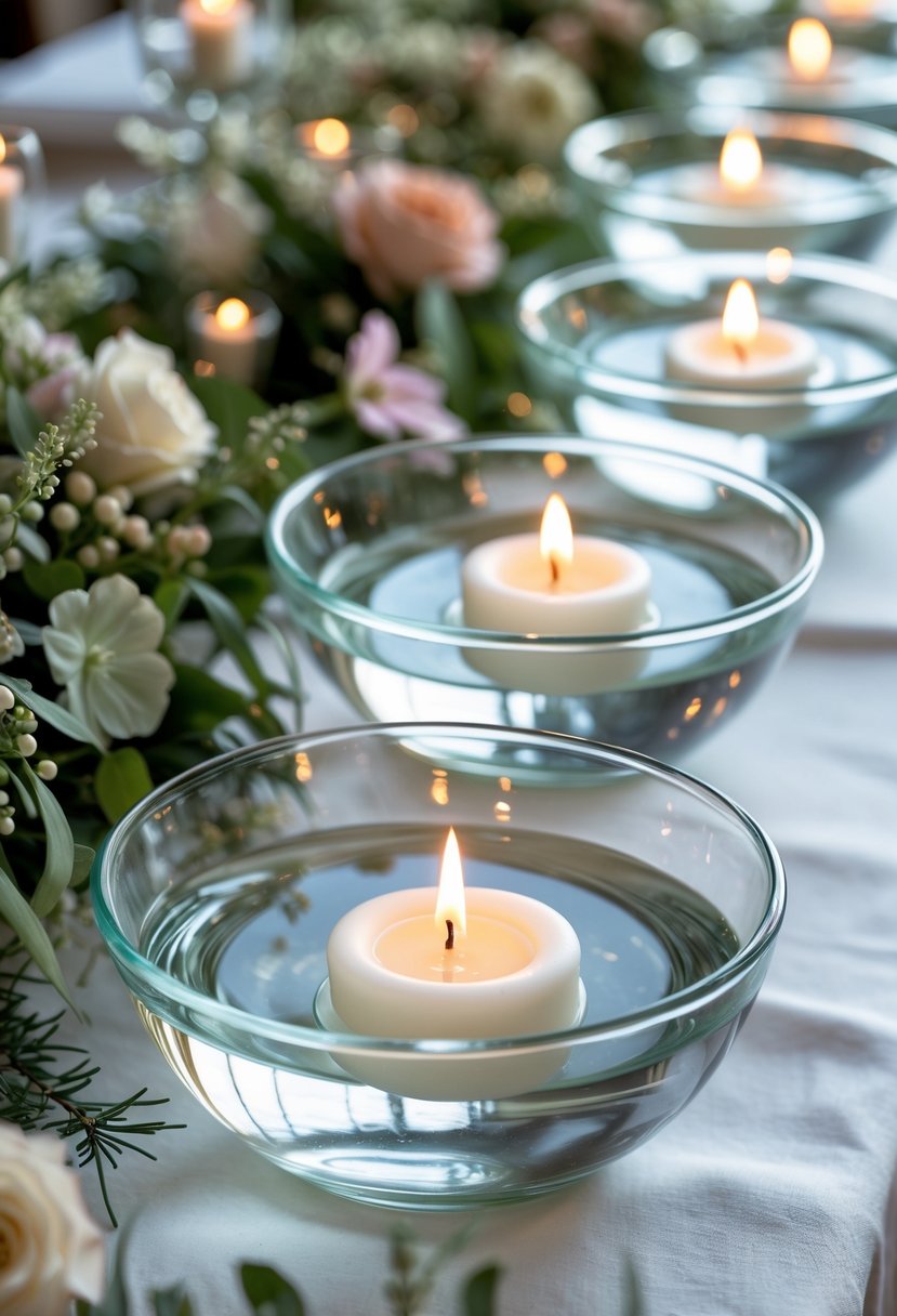 Clear glass bowls with lit white floating candles arranged on a table with greenery and flowers.