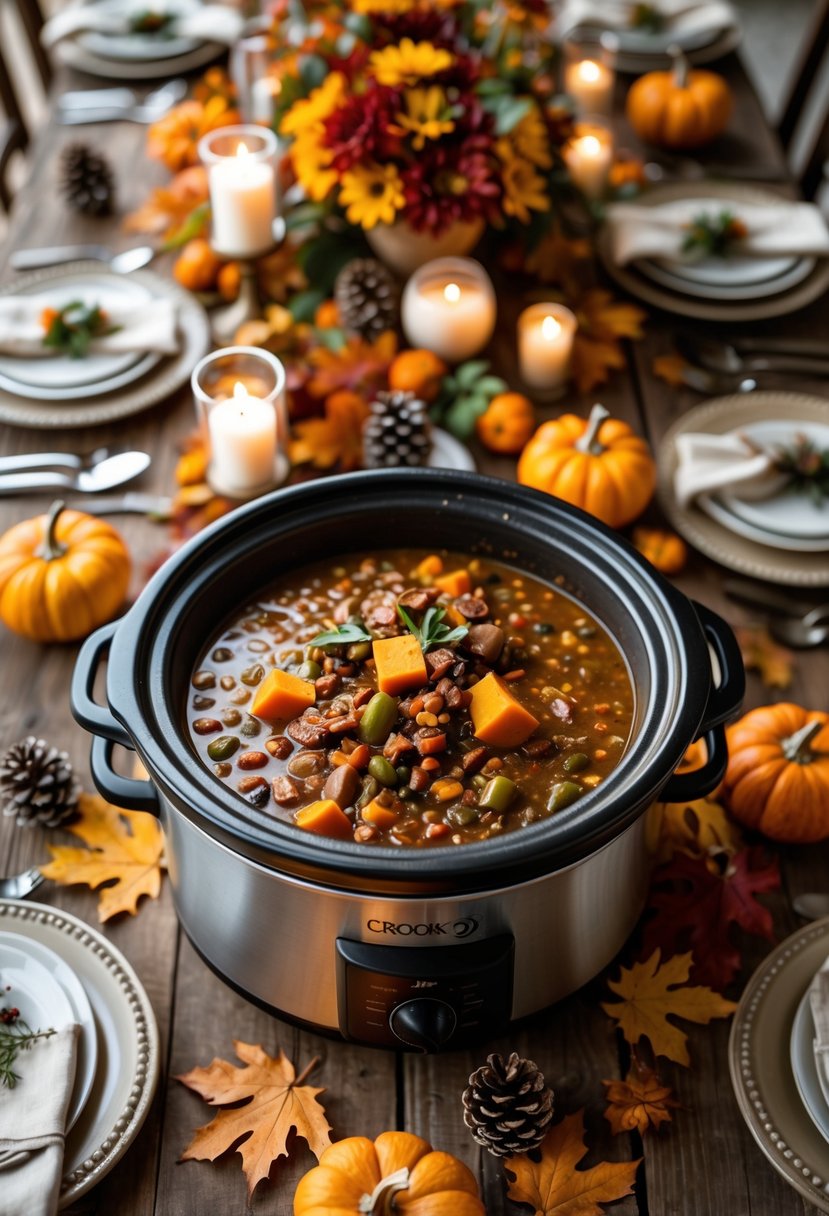 A crockpot with hot comfort food on a wooden table surrounded by fall decorations and table settings for a dinner.
