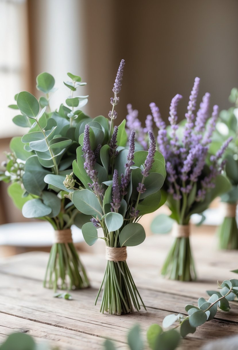Bundles of eucalyptus leaves and lavender sprigs arranged on a wooden table as wedding centerpieces.