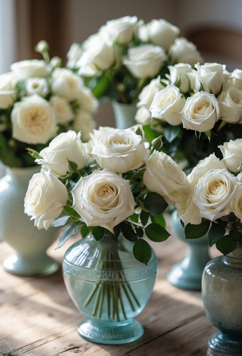 White rose bouquets arranged in vintage vases on a wooden table.