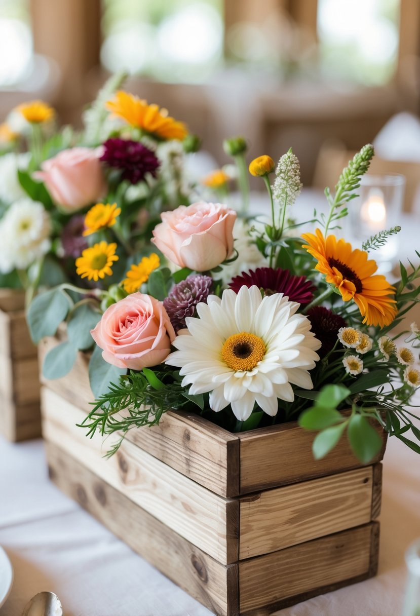 Rustic wooden boxes filled with colorful seasonal flowers arranged as wedding centerpieces on a table.