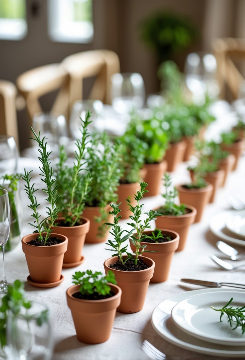 Mini potted herb plants arranged as natural place settings on a wedding table with white linens, plates, and glassware.
