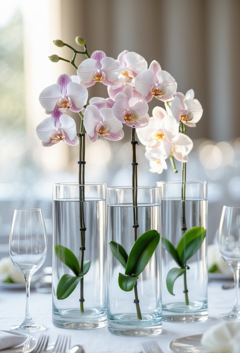 Clear glass cylinder vases each holding a single white orchid stem arranged on a white table.
