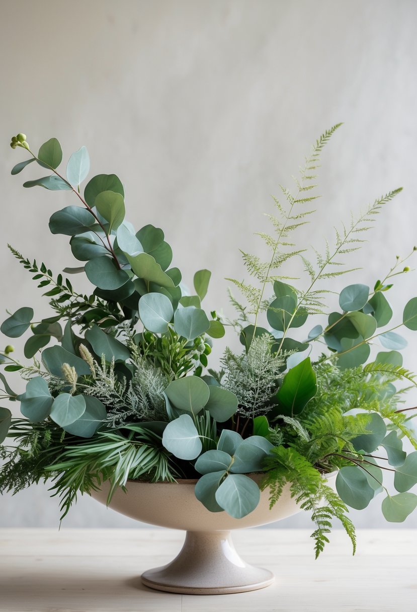 A low bowl filled with mixed green foliage arranged as a centerpiece on a wooden table.