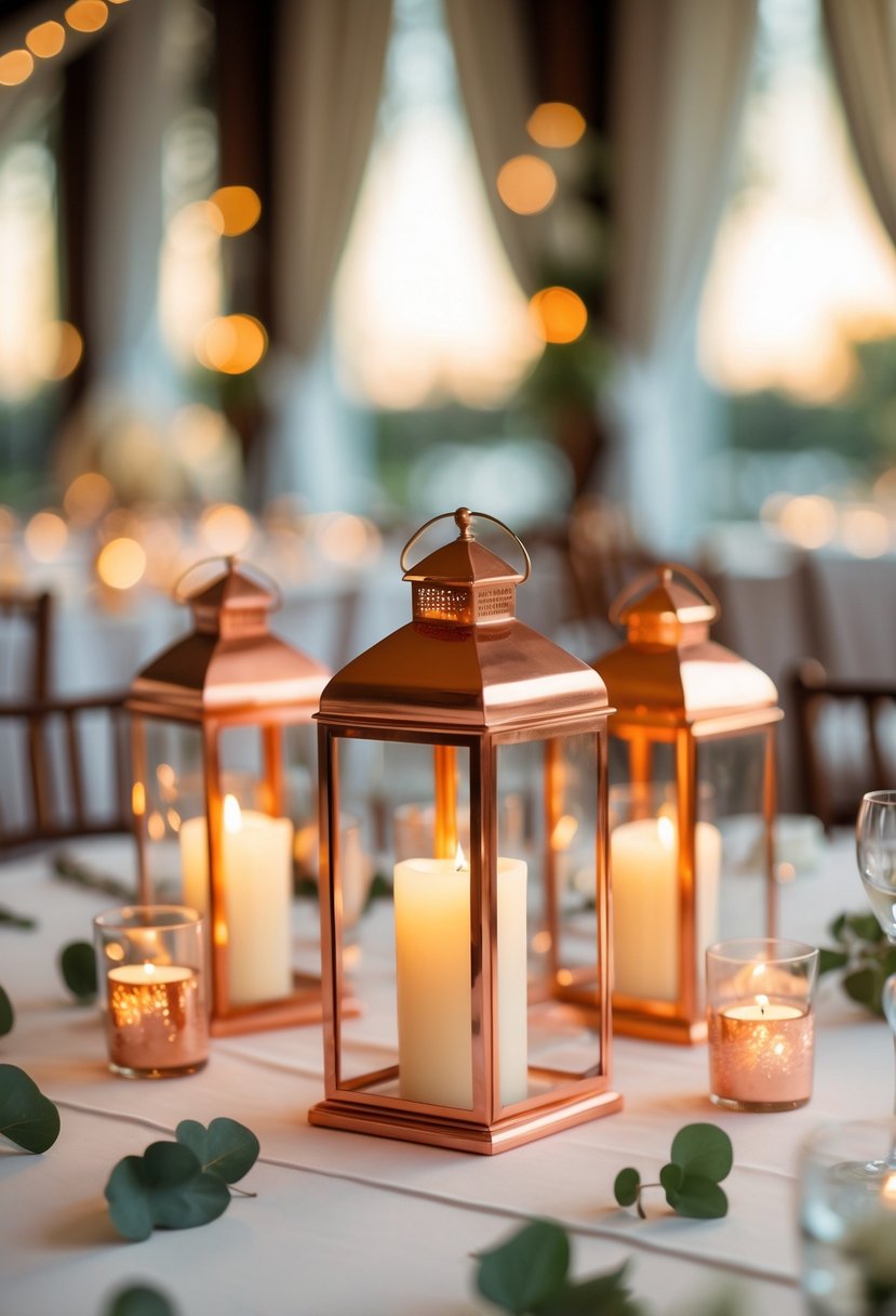 Copper lanterns with lit pillar candles arranged as a wedding centerpiece on a white table.