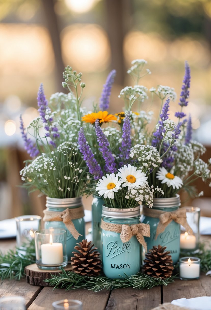 A wedding centerpiece on a wooden table with jars of wildflowers, candles, pinecones, and greenery.
