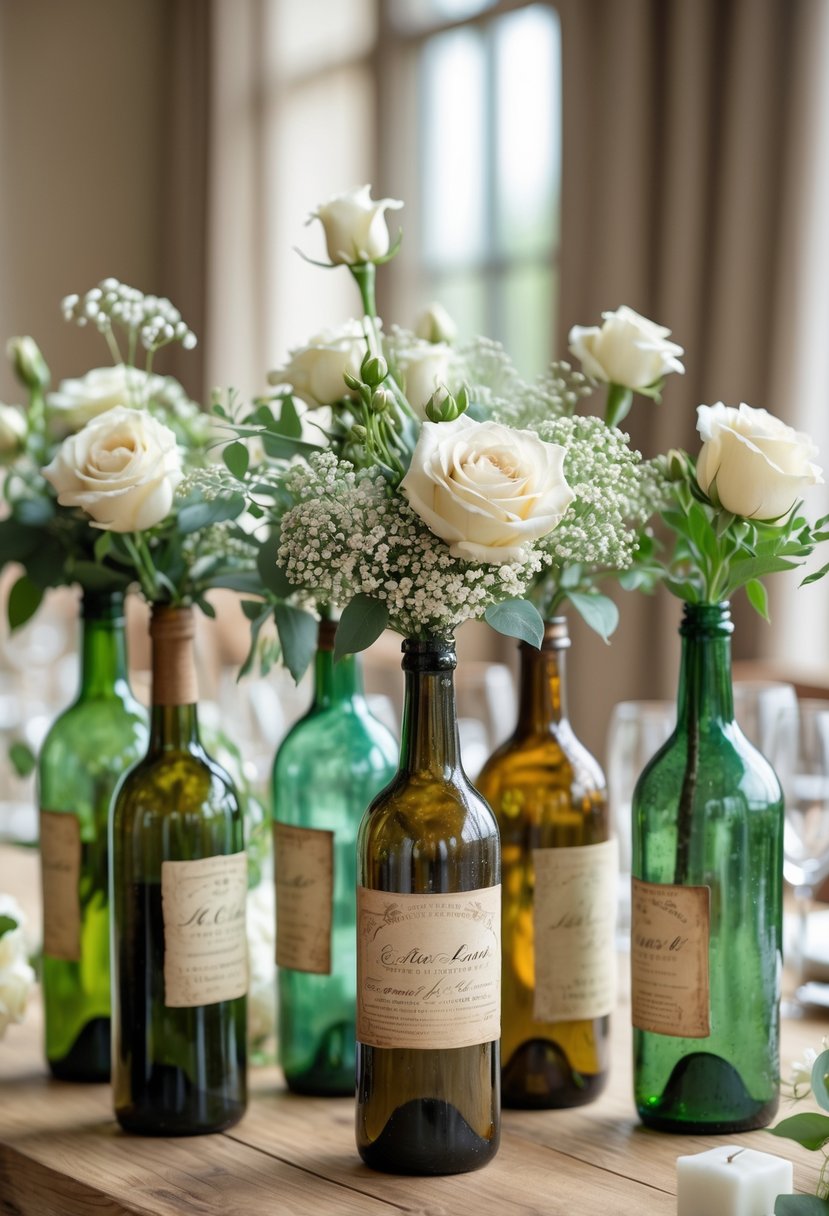 A collection of vintage wine bottles used as flower holders arranged on a wooden table with fresh white flowers and greenery.