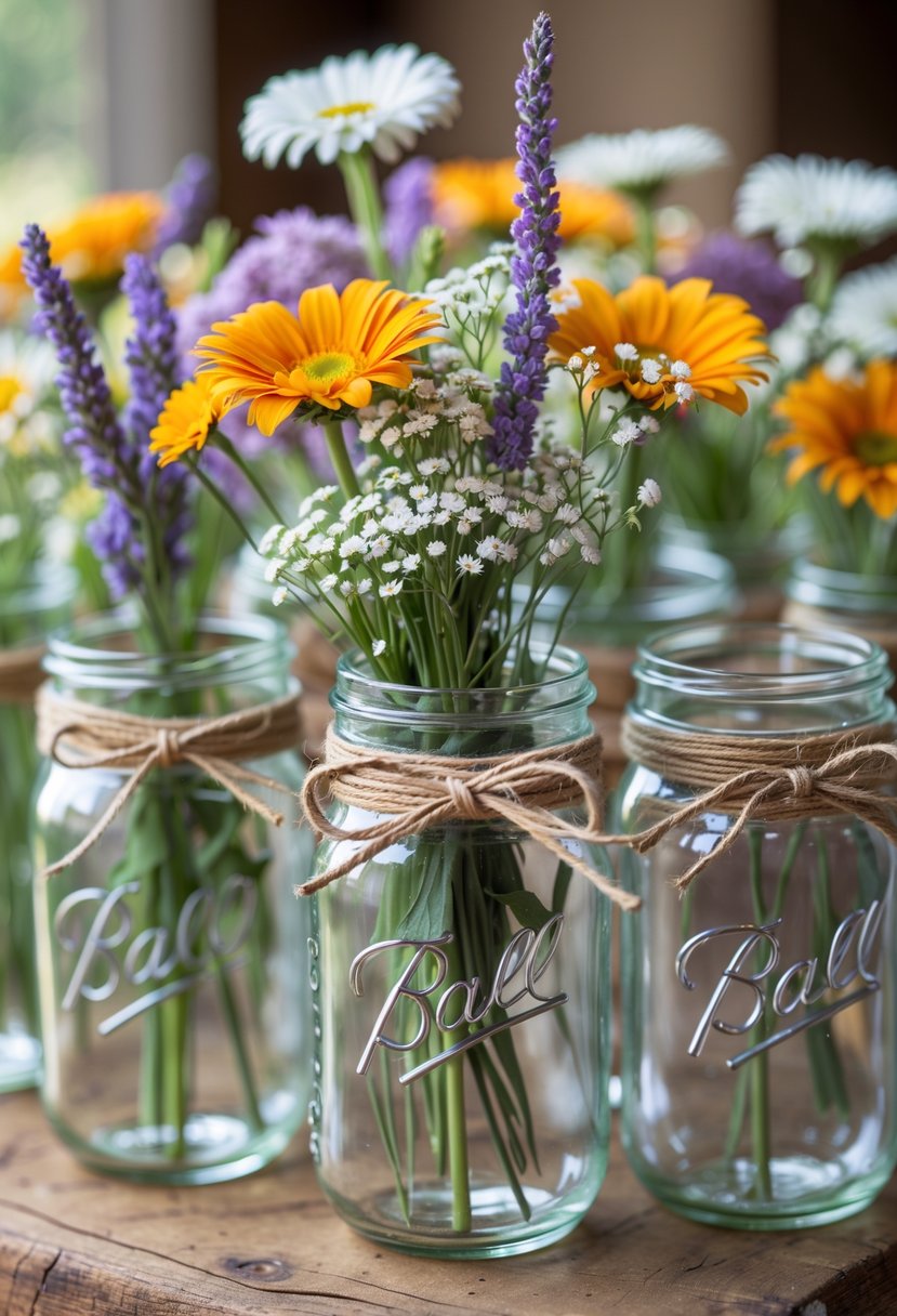 Several mason jars filled with wildflowers and tied with twine bows arranged on a wooden surface.