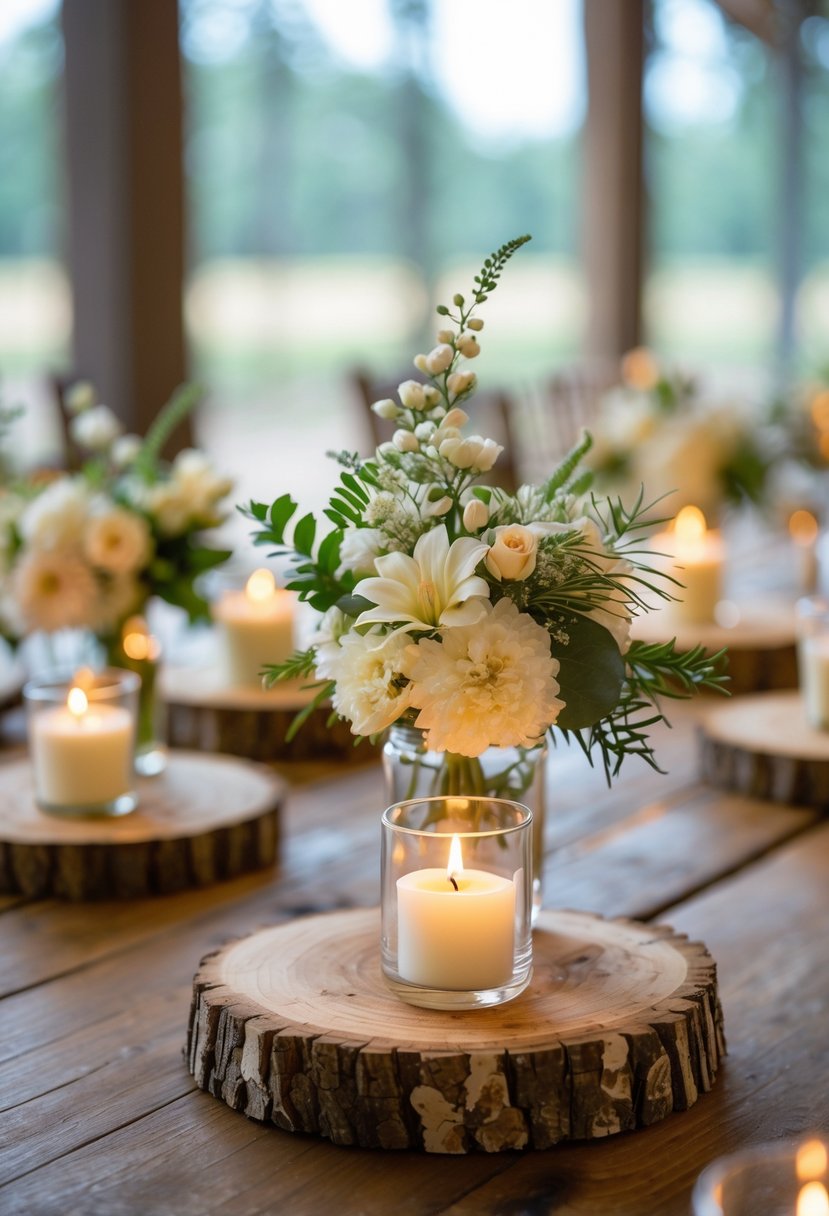 Wooden slices used as bases for candles and small floral arrangements on a wooden table.