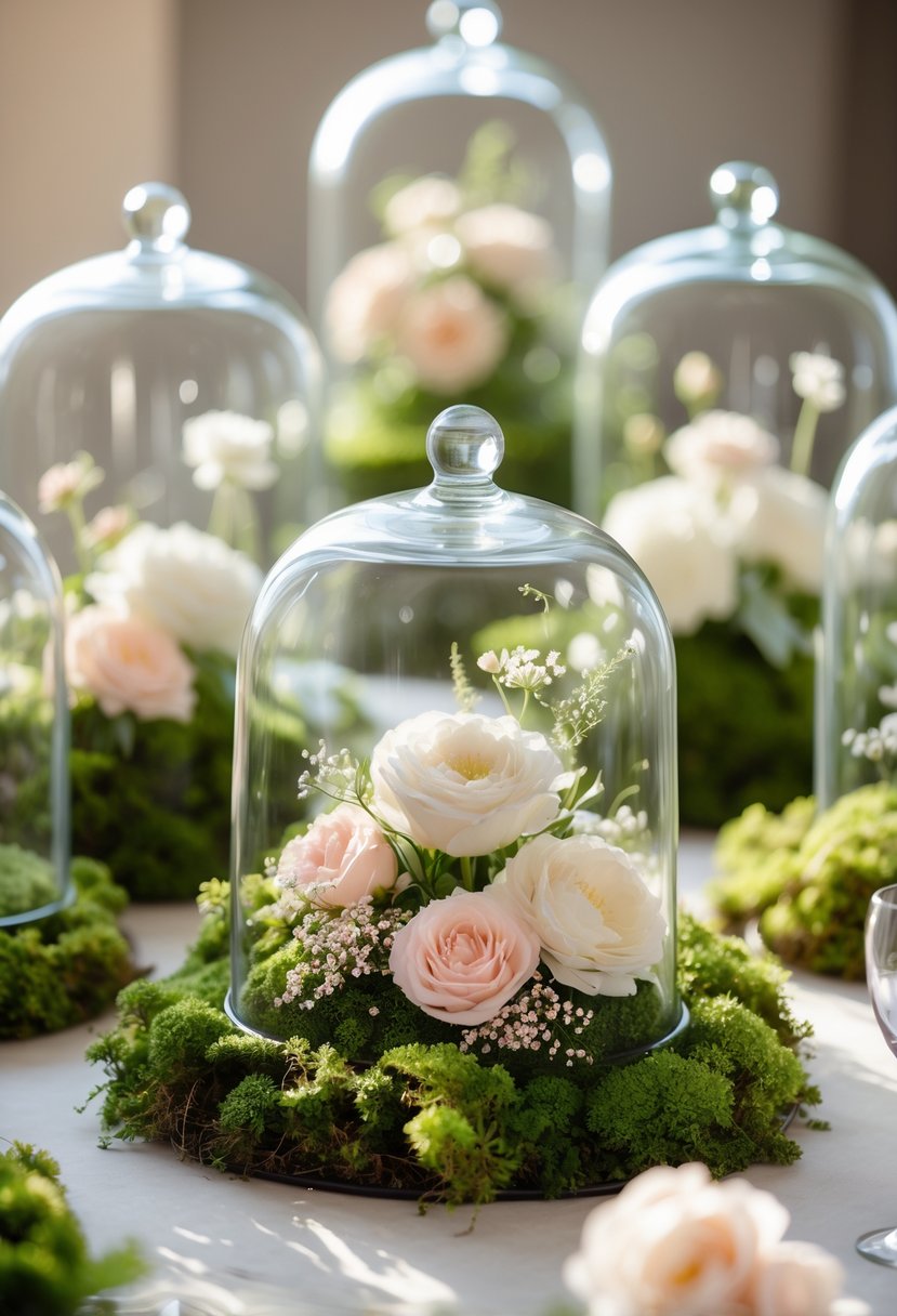 Glass cloches covering moss and flowers arranged as elegant wedding centerpieces on a table.