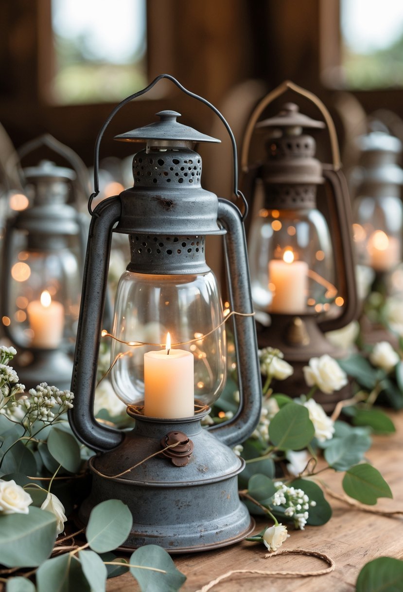 A group of vintage lanterns glowing with fairy lights arranged on a wooden table decorated with leaves and small flowers.
