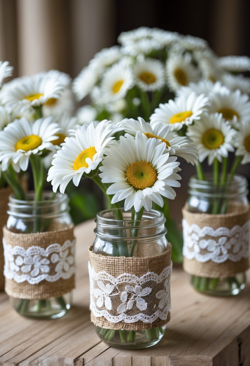 Mason jars wrapped in burlap and lace holding white daisies arranged on a wooden surface.