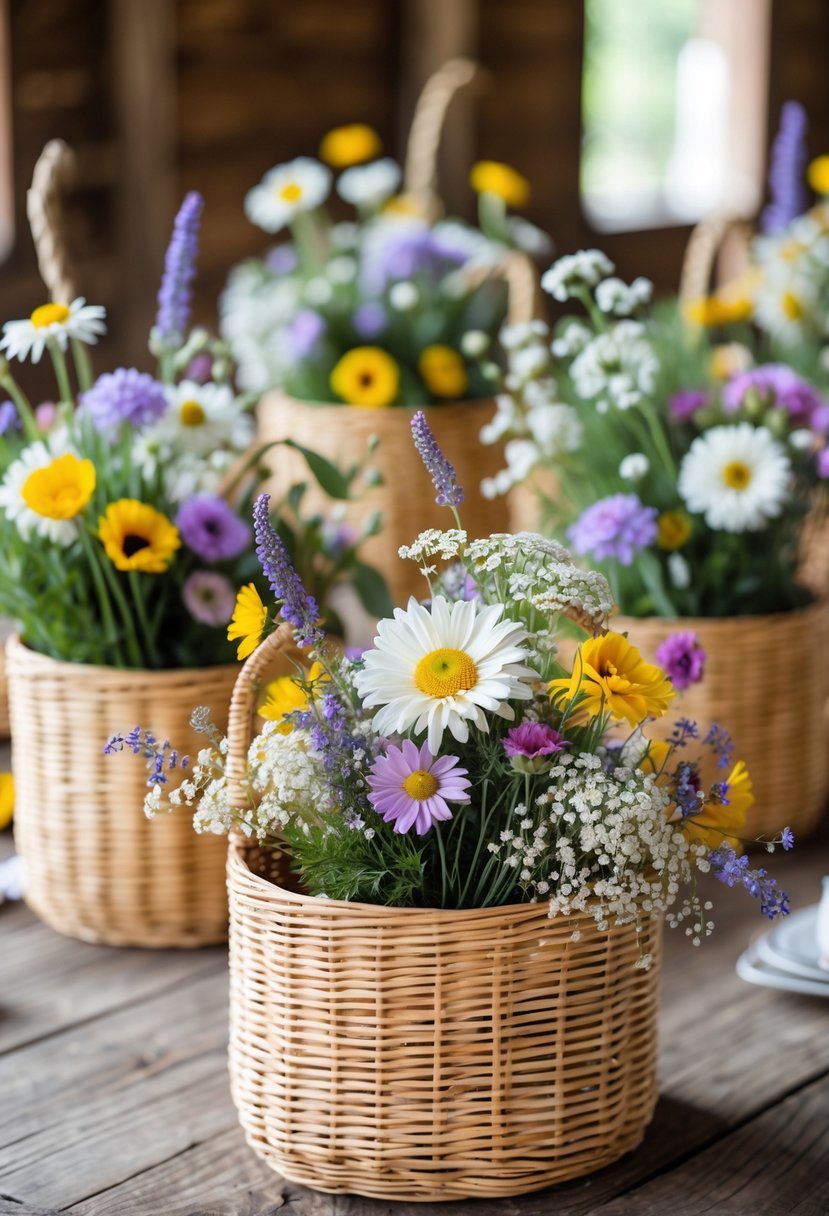 Rattan baskets filled with colorful wildflowers arranged on a wooden table as wedding centerpieces.