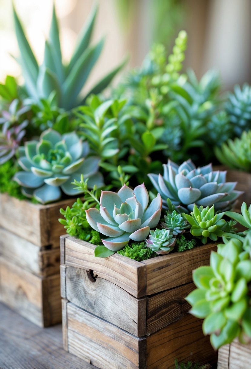 Small rustic wooden boxes filled with green plants and succulents arranged as table centerpieces.