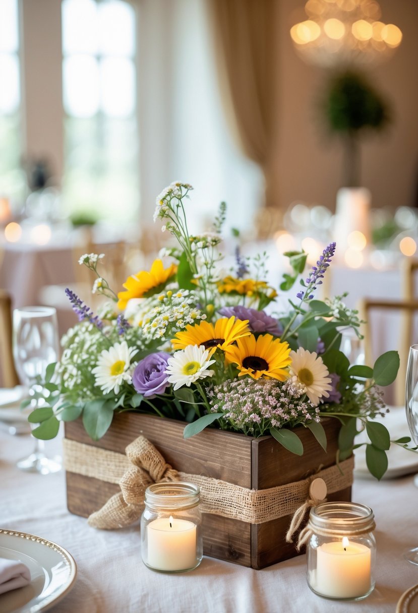 A wedding table with a centerpiece made of wildflowers in a wooden box, surrounded by small glass jars with lit candles.