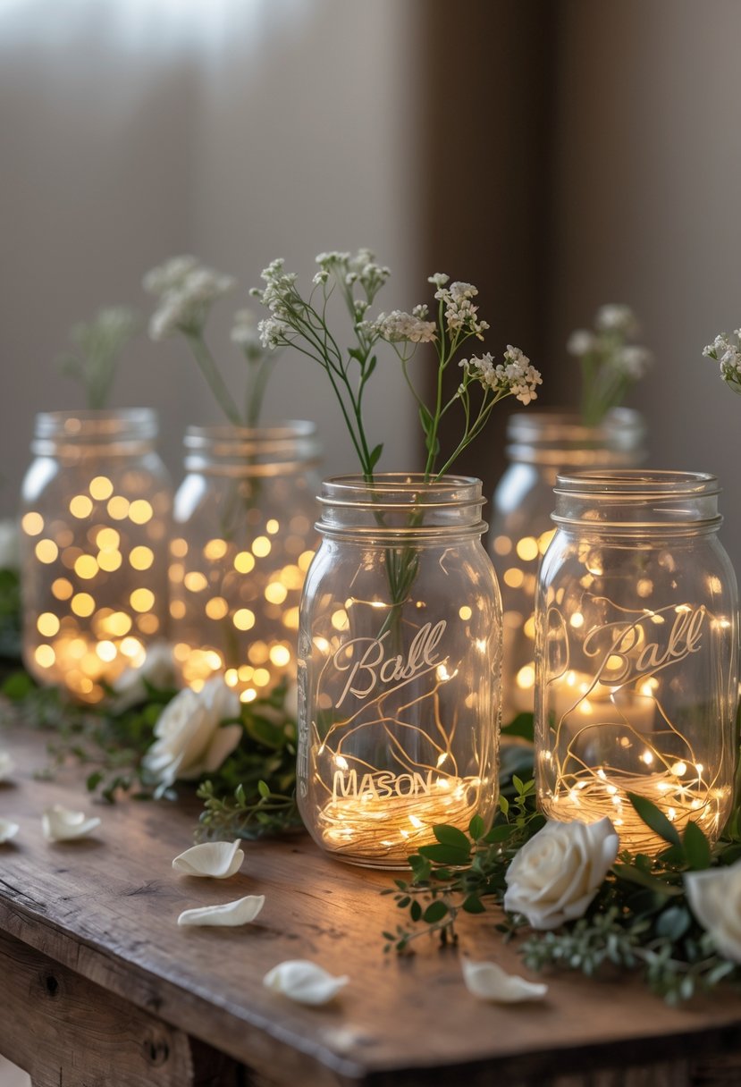 Mason jars filled with glowing fairy lights arranged on a wooden table with greenery and white flowers as wedding centerpieces.