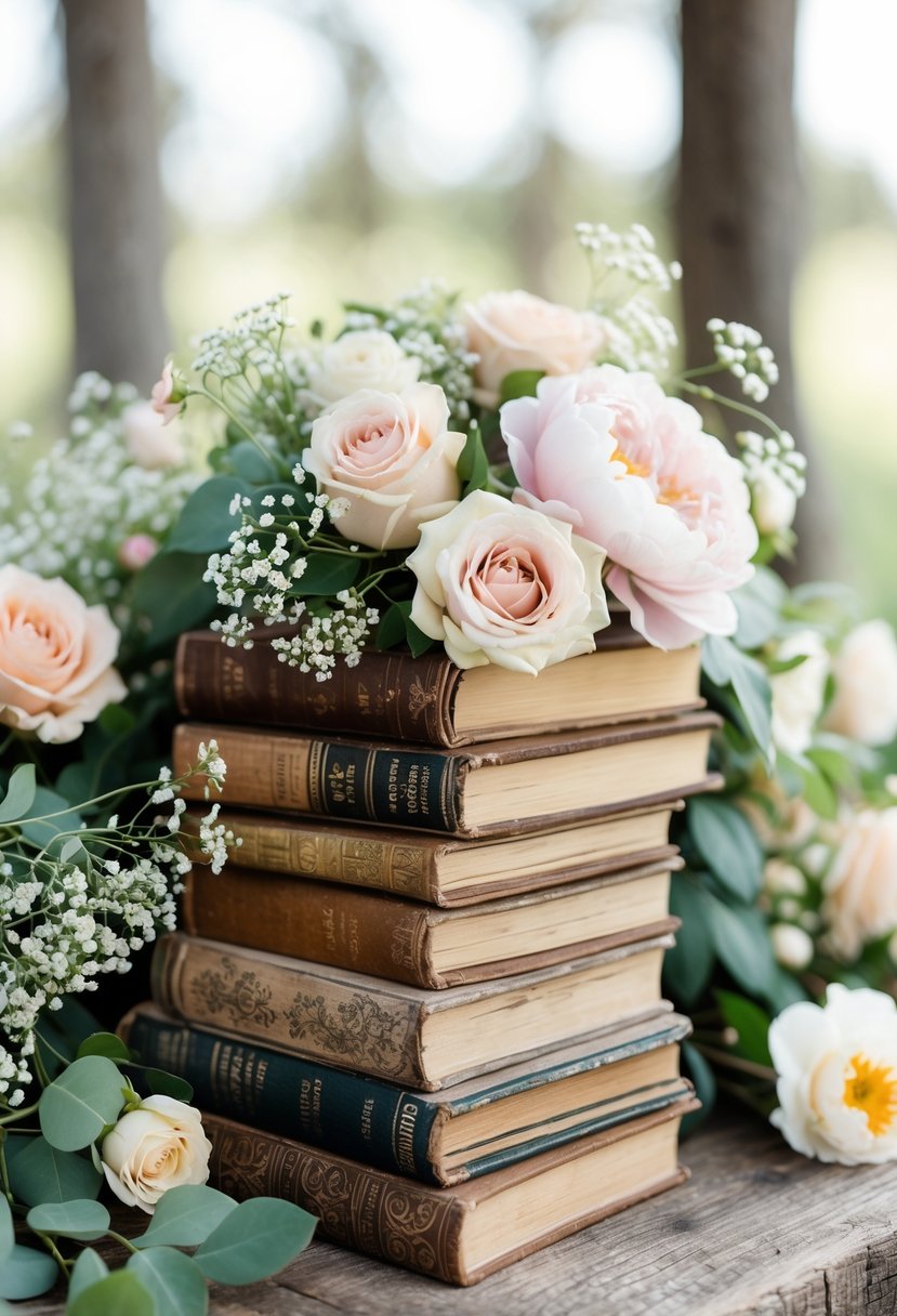 Small stacks of old books decorated with pastel flowers and green leaves on a wooden surface.