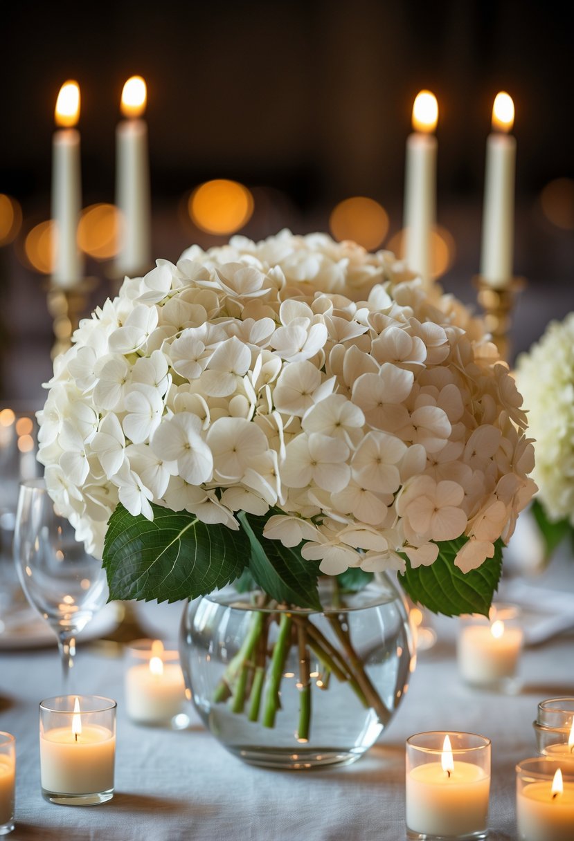 A bouquet of white hydrangeas in a glass vase surrounded by lit candles on a table.