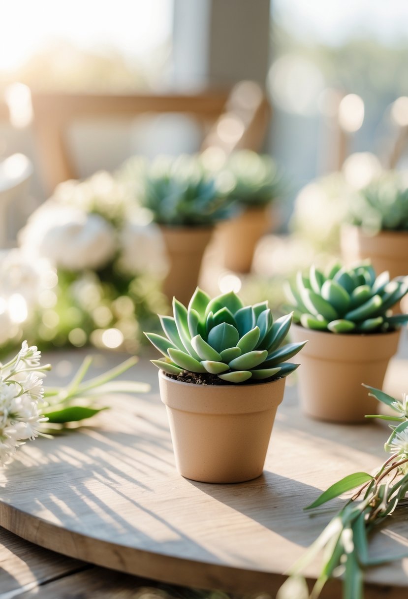 Small potted succulents arranged on a wooden table as wedding centerpieces with soft natural lighting.