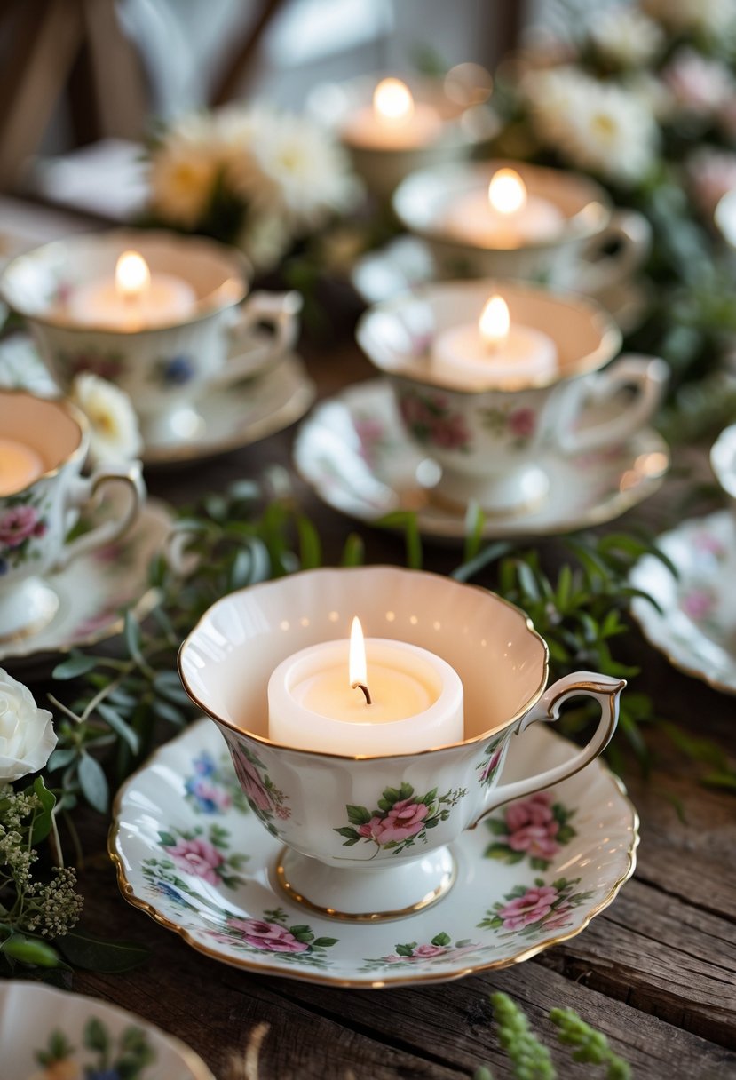 Lit candles placed inside vintage floral teacups arranged on a wooden table with greenery and flowers.