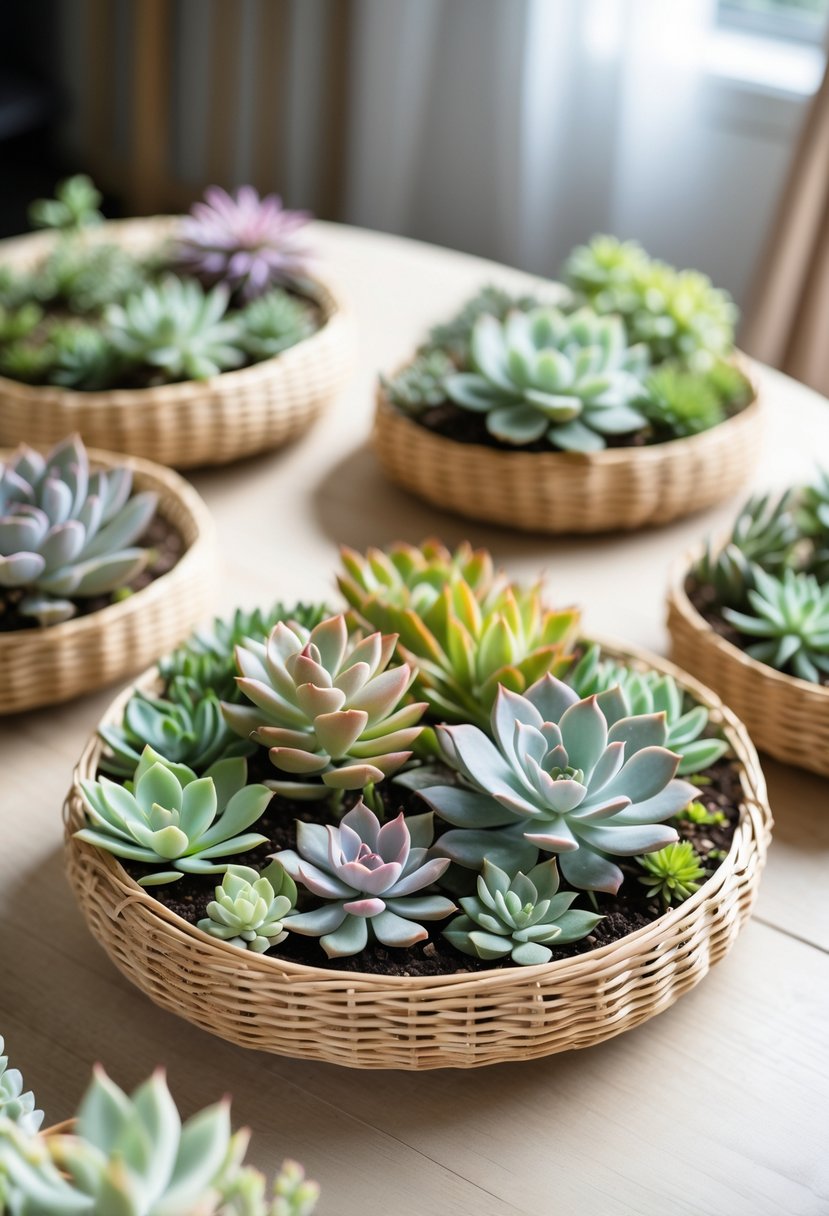 Woven trays filled with assorted succulent plants arranged on a wooden table as wedding centerpieces.