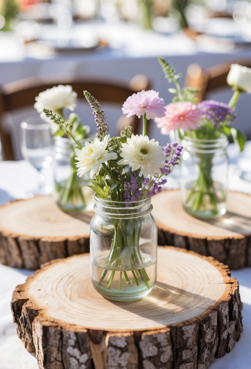 Wooden slices used as bases for small glass jars with wildflowers on a white table.