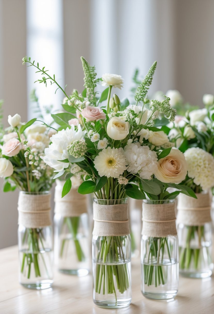 Clear glass vases on a wooden table holding linen-wrapped flower bouquets with white and pastel flowers and green leaves.