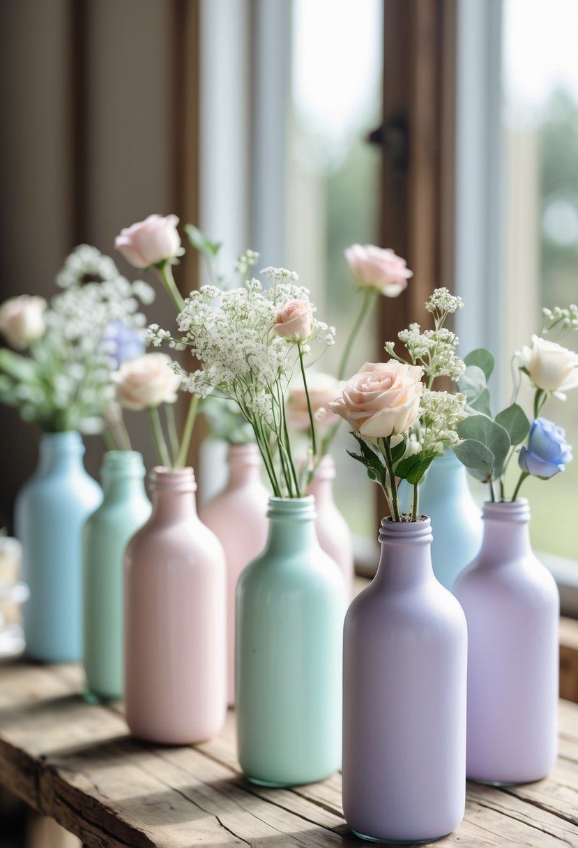 Glass bottles painted in pastel colors arranged on a wooden table with fresh flowers as wedding centerpieces.