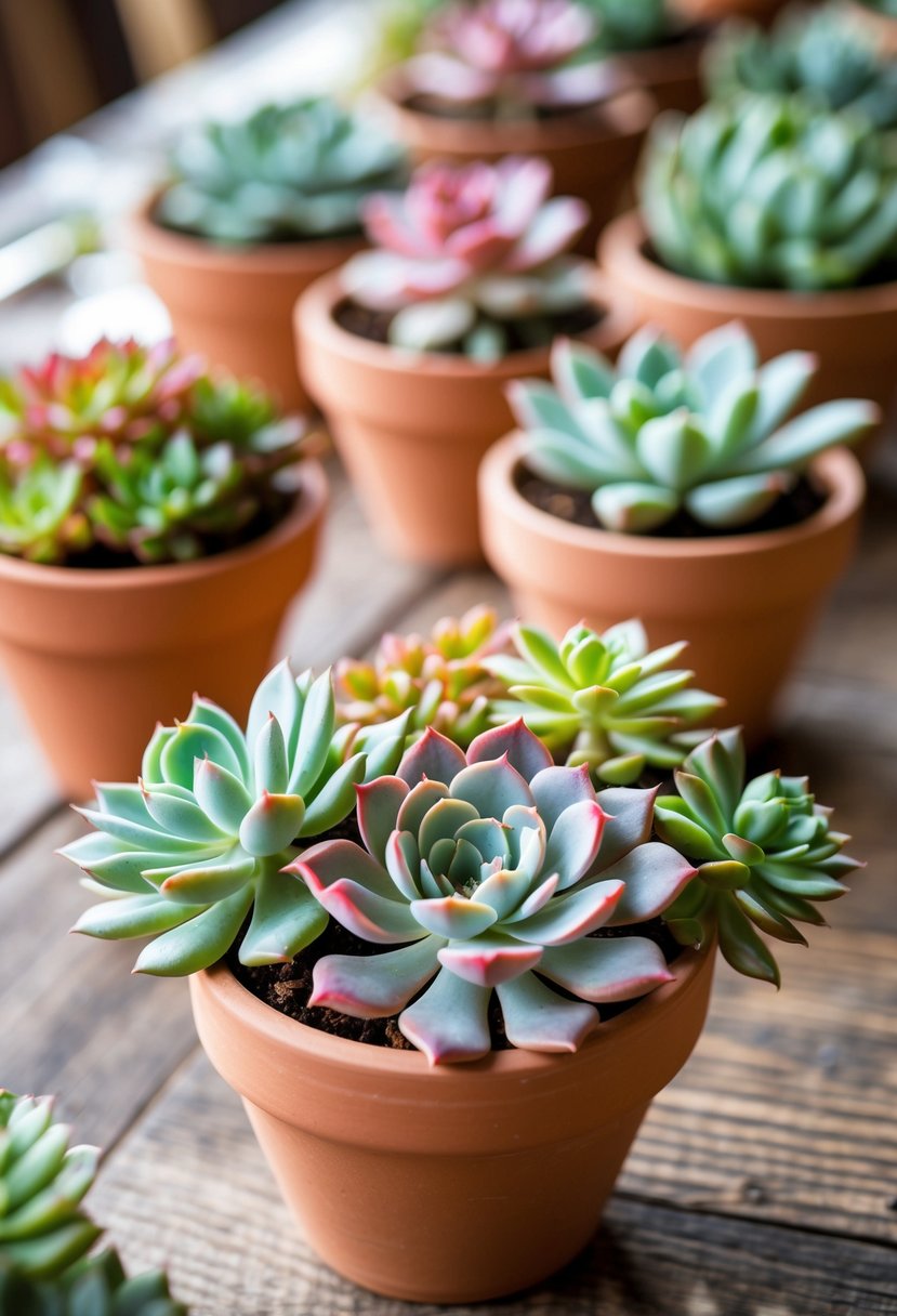 Mini terracotta pots filled with bright succulent plants arranged on a wooden table as a wedding centerpiece.