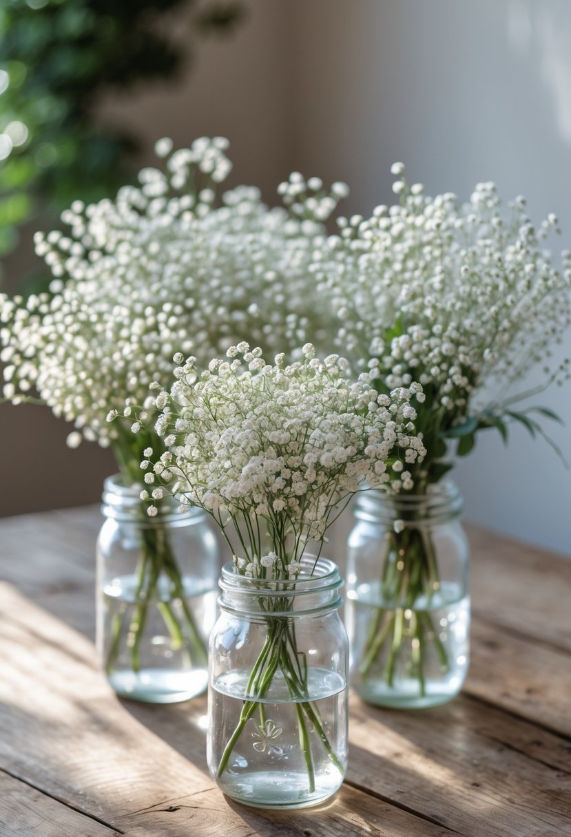 Clear glass jars filled with simple white baby's breath flowers arranged on a wooden table.