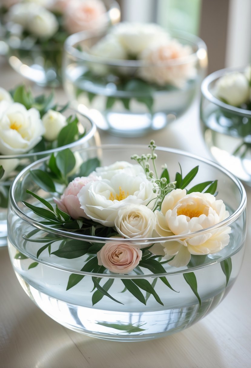 Wide shallow bowls filled with water holding floating flower heads arranged as wedding centerpieces on a wooden table.