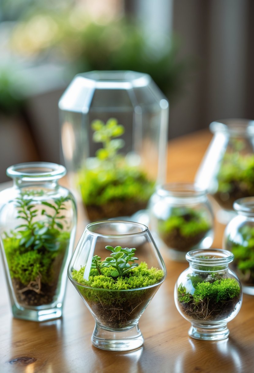 Mini glass terrariums with green moss and tiny plants arranged on a wooden table.