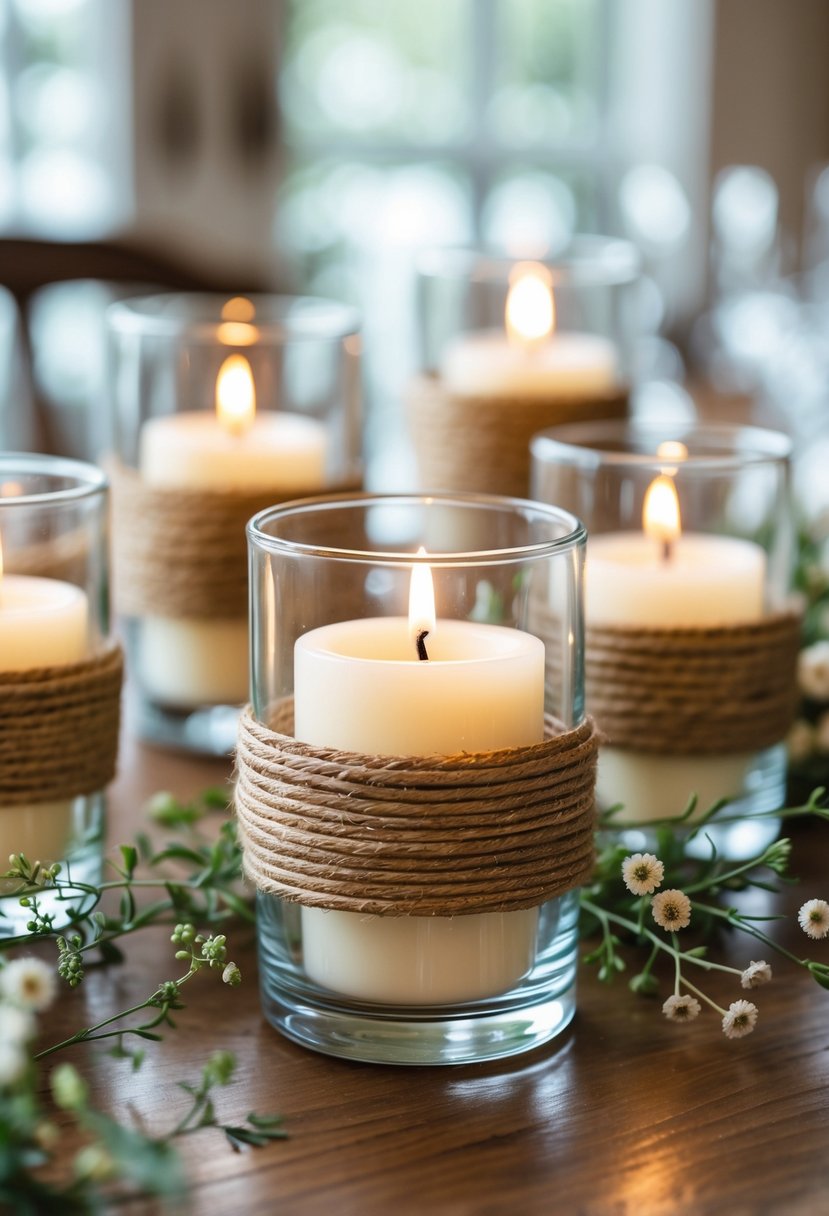 Glass candle holders wrapped in twine with lit candles arranged on a wooden table decorated with greenery and white flowers.