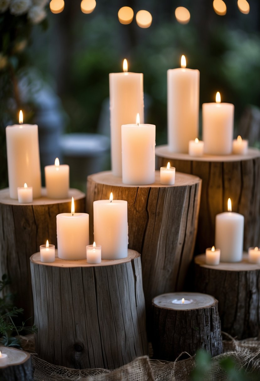 Several tree stumps topped with clusters of lit candles arranged as wedding centerpieces.
