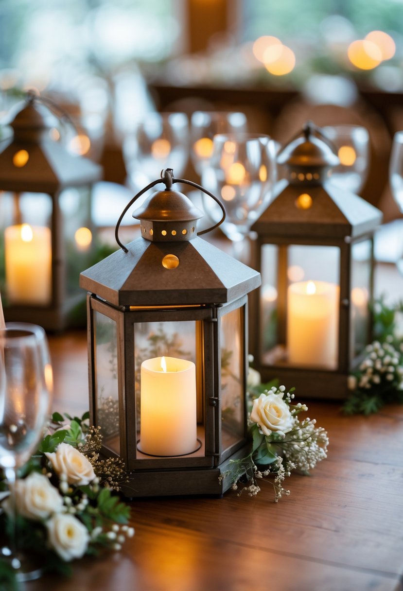A table with rustic lanterns containing glowing LED candles surrounded by greenery and small white flowers as wedding centerpieces.