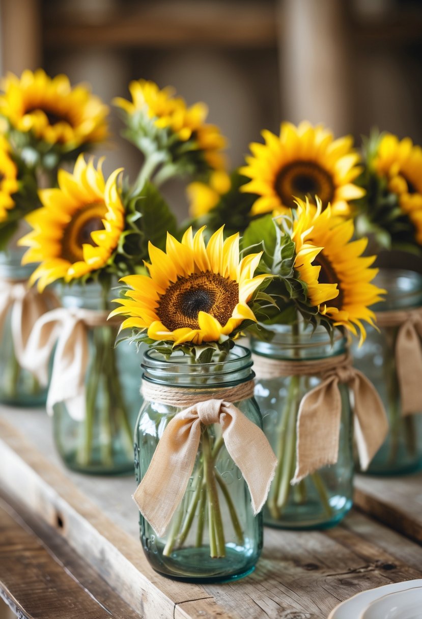 Mason jars filled with yellow silk sunflowers and tied with beige ribbons arranged on a wooden table.