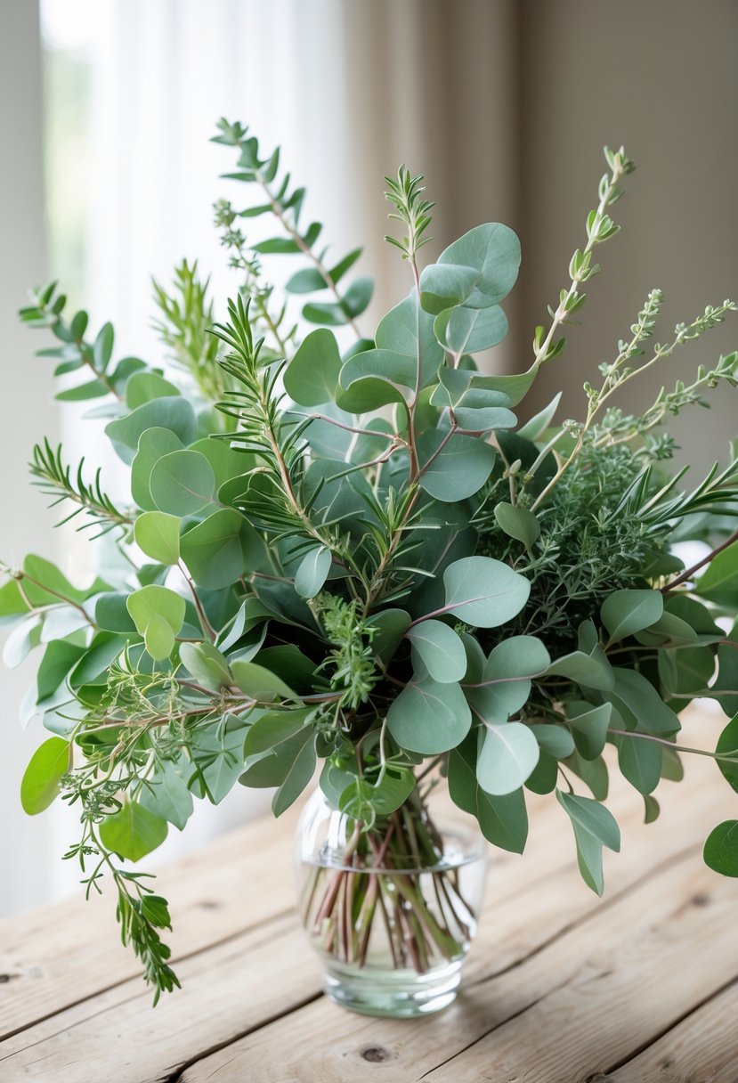 A wedding centerpiece with eucalyptus leaves and mixed herbs in a glass vase on a wooden table.