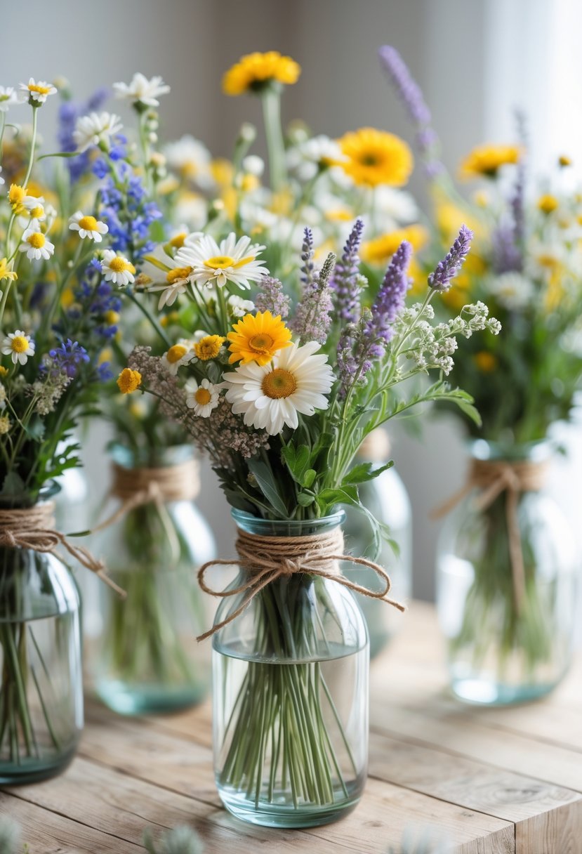 Several clear glass vases with wildflower bunches tied with twine placed on a wooden surface.