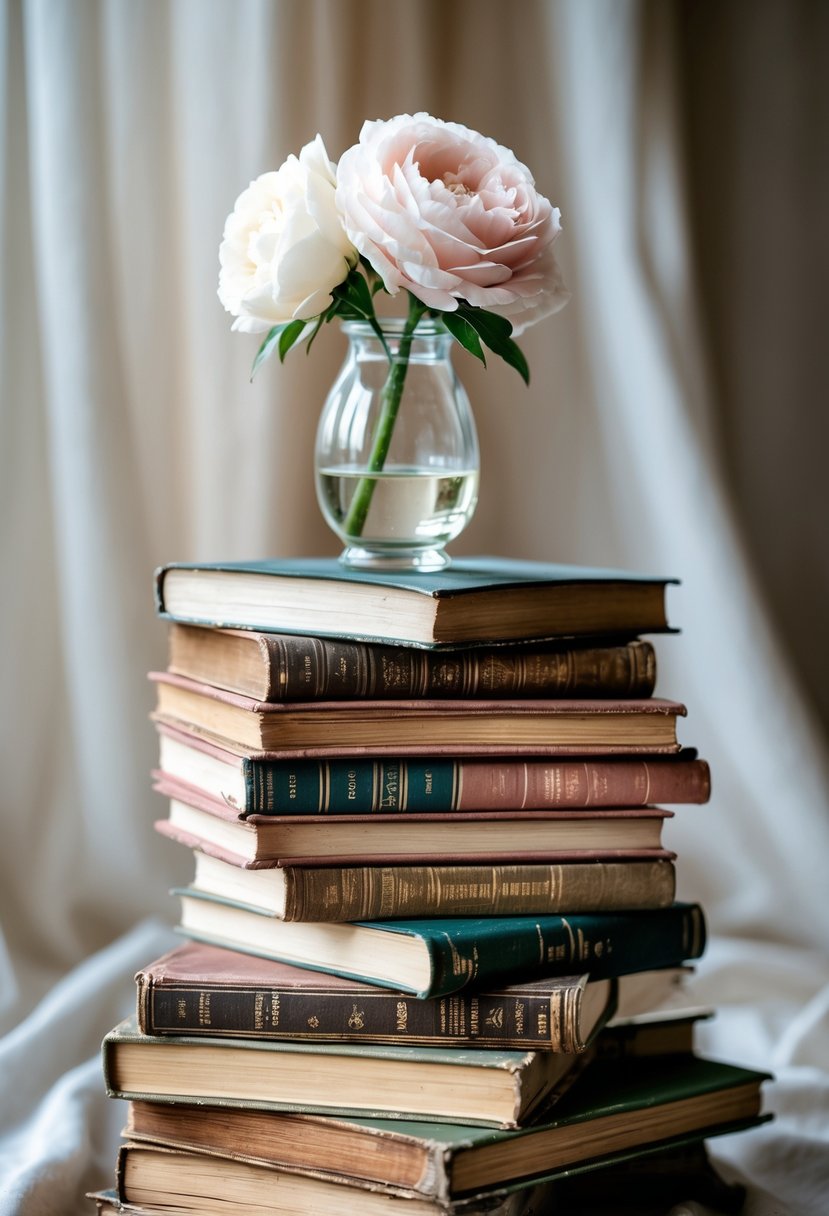 A stack of vintage books with a single clear glass vase holding one fresh flower on top.