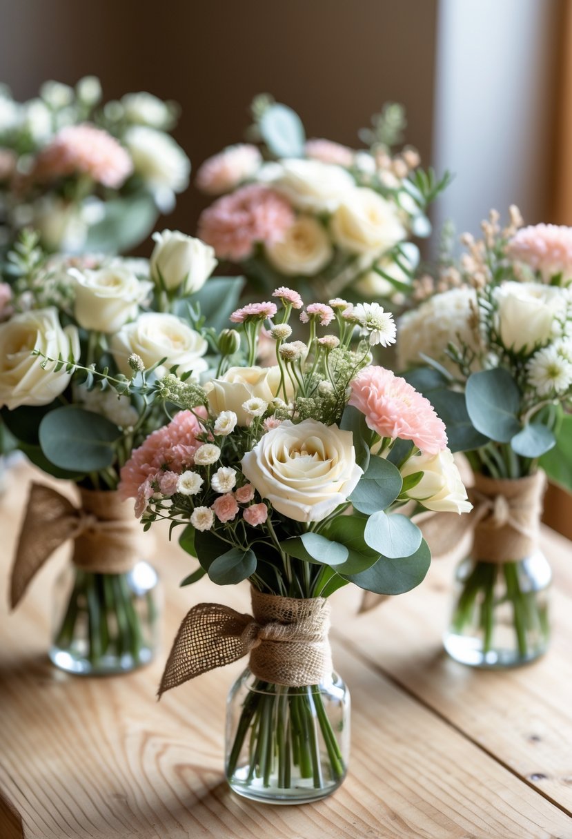 Small bouquets tied with burlap ribbon arranged on a wooden table as wedding centerpieces.