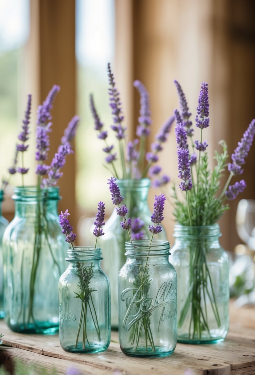 A group of mismatched vintage glass jars holding lavender sprigs arranged on a wooden surface.