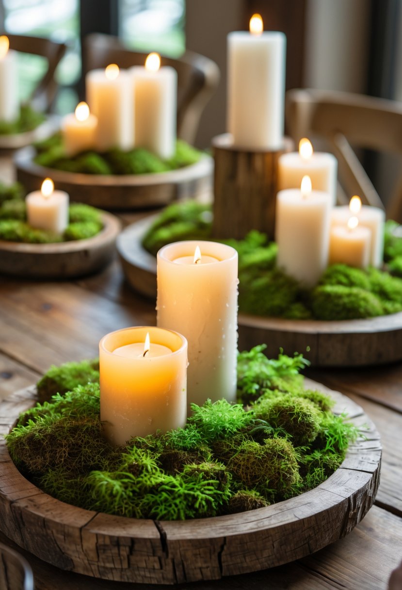 Low wooden trays filled with green moss and pillar candles arranged as a wedding centerpiece on a wooden table.