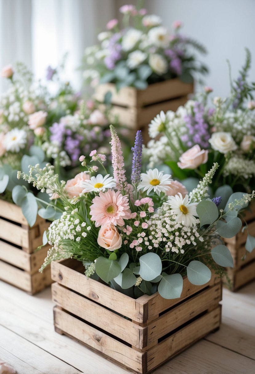 Rustic wooden crates filled with mixed colorful flowers arranged as wedding centerpieces on a wooden surface.