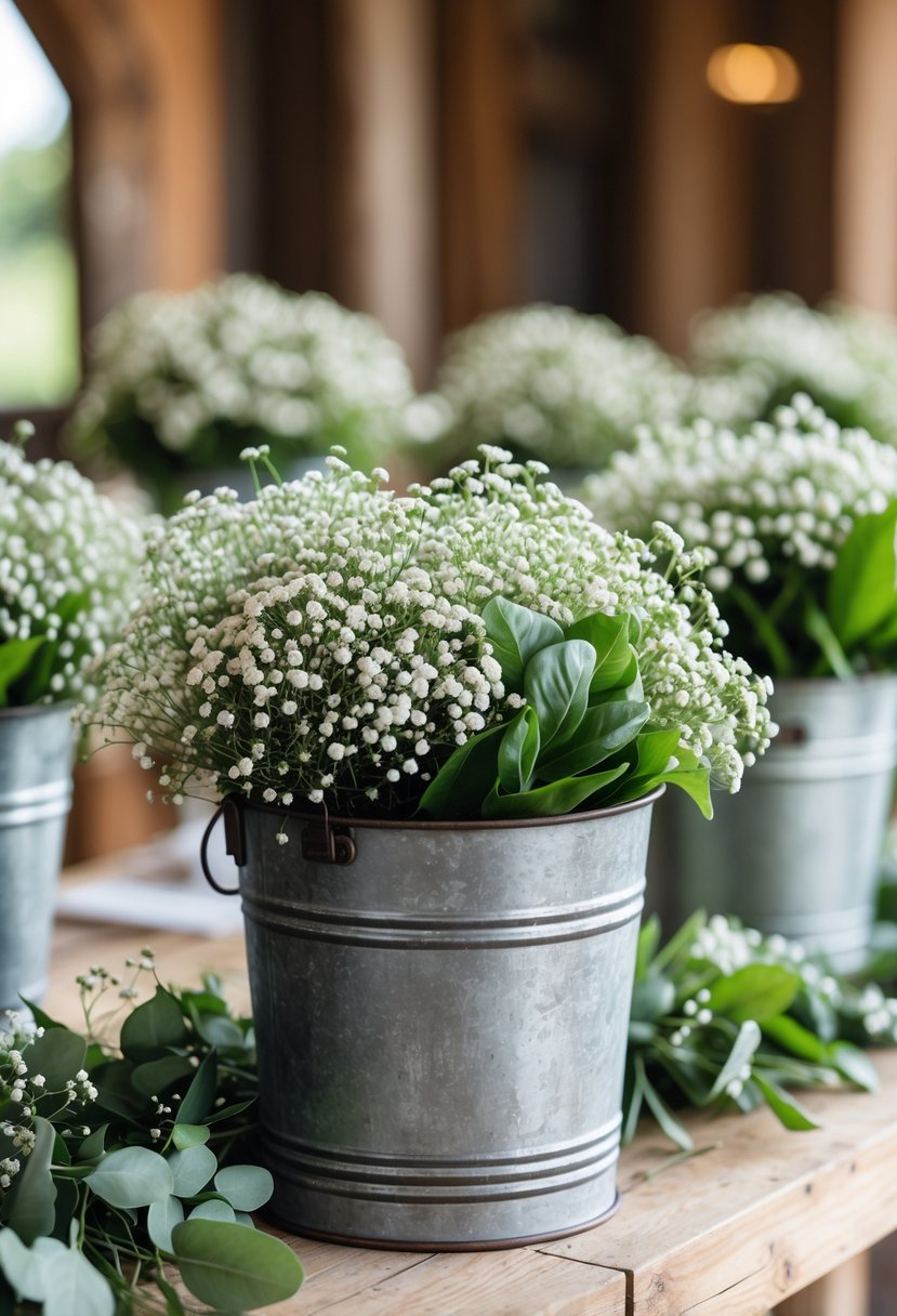 Rustic metal buckets filled with baby's breath flowers and green leaves arranged as wedding centerpieces on a wooden surface.