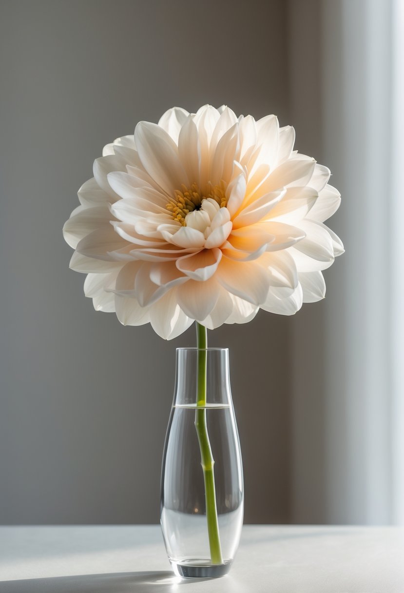 A single large flower in a clear, modern bud vase on a smooth surface.