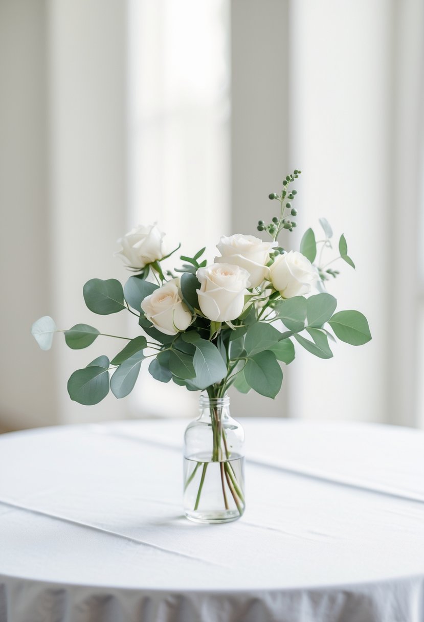 A round table with a small clear glass vase holding white flowers and green leaves as a wedding centerpiece.