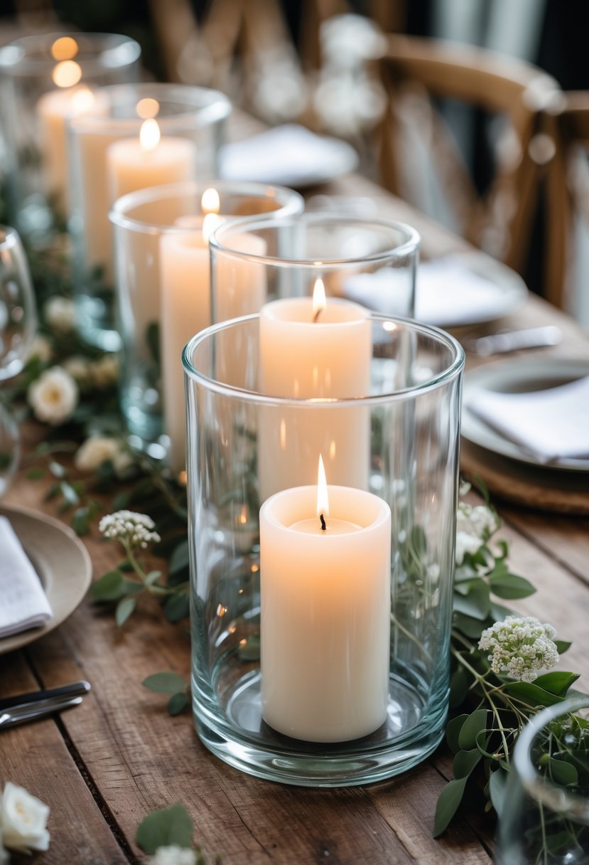 Clear glass hurricane candle holders with white pillar candles arranged on a wooden table surrounded by greenery and small white flowers.