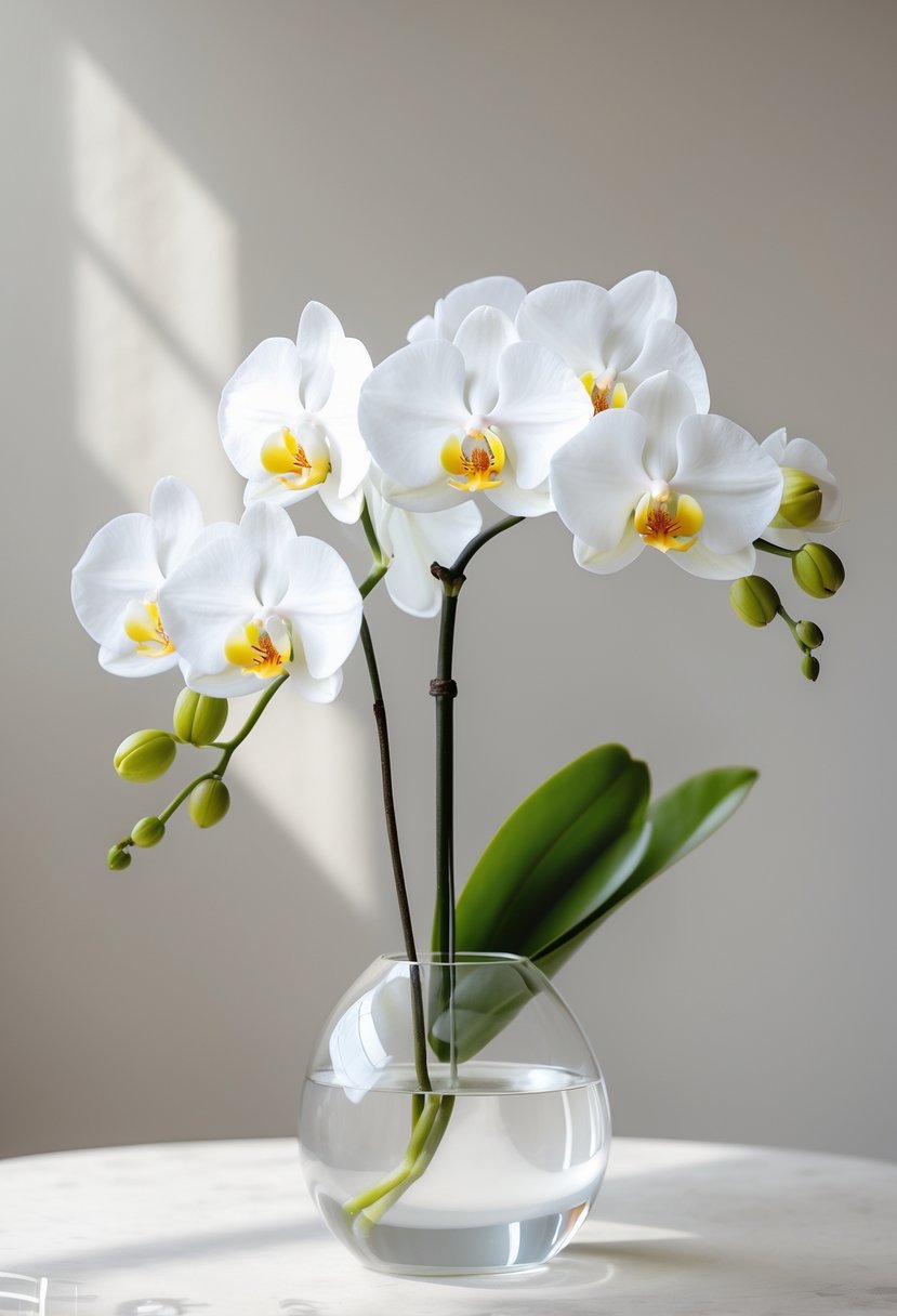 A single white orchid flower in a clear glass vase on a light surface.