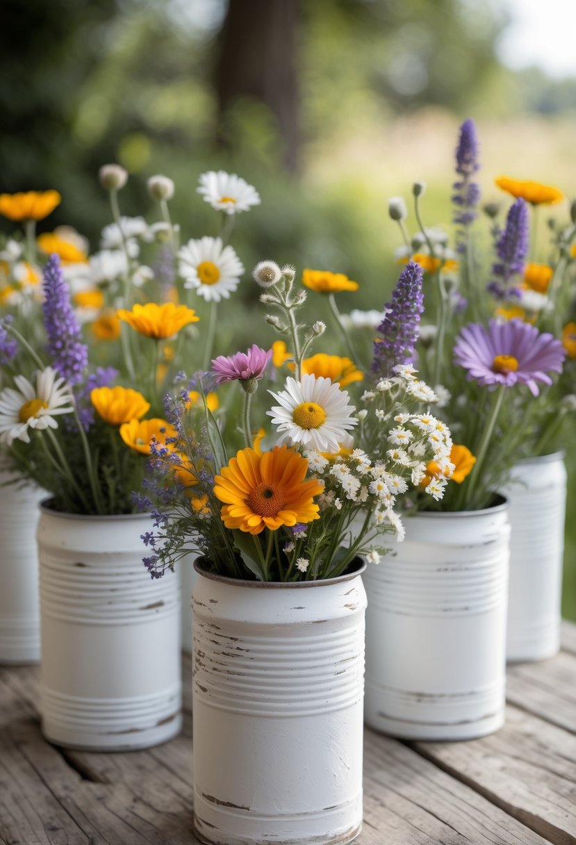 White painted tin cans filled with colorful wildflowers arranged on a wooden table.