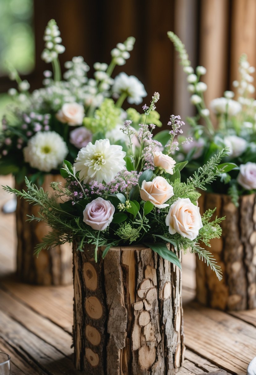 Hollowed wooden logs filled with greenery and small blooming flowers arranged on a wooden table.